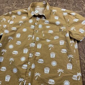 Pyknic‎ Hawaiian Shirt Mens L Green Burger Fries Palm Tree AOP "Take it Greasy"